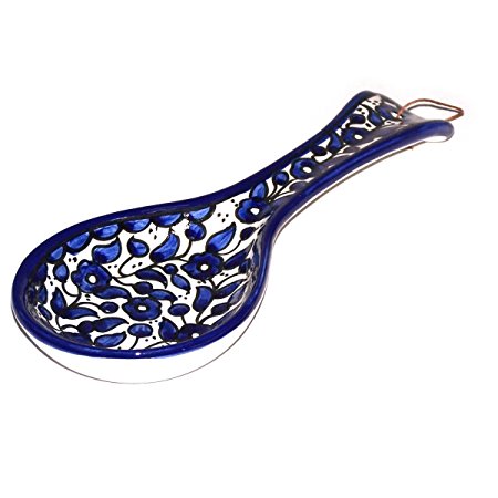 Armenian hand painted cooking Spoon Rest / Ladle Holder - Large with deep Round Cup part (10 inches long by 4 inches across and 1 inch deep) by Bethlehem Gifts TM (Blue Flowers)